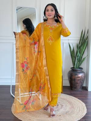Yellow color beautiful ceremonial roman silk fabric embroidered festive suit 4
