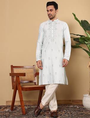 Beige viscose embroidered full sleeve kurta pyjama for mens 1