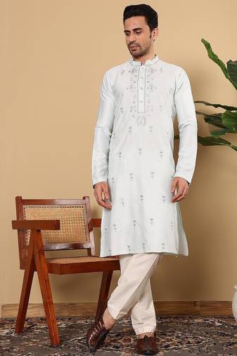Beige viscose embroidered full sleeve kurta pyjama for mens