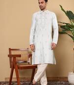 Beige viscose embroidered full sleeve kurta pyjama for mens