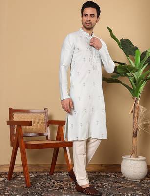 Beige viscose embroidered full sleeve kurta pyjama for mens 2