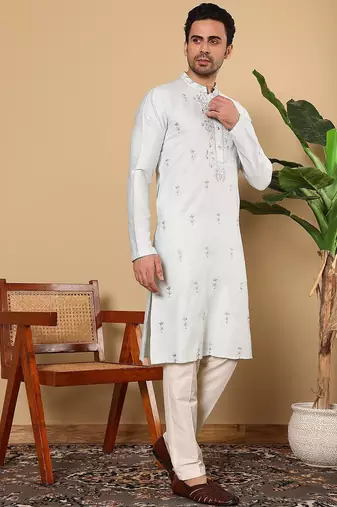 Beige viscose embroidered full sleeve kurta pyjama for mens