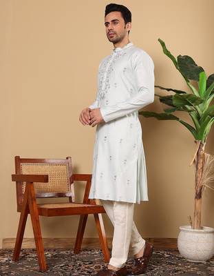 Beige viscose embroidered full sleeve kurta pyjama for mens 3