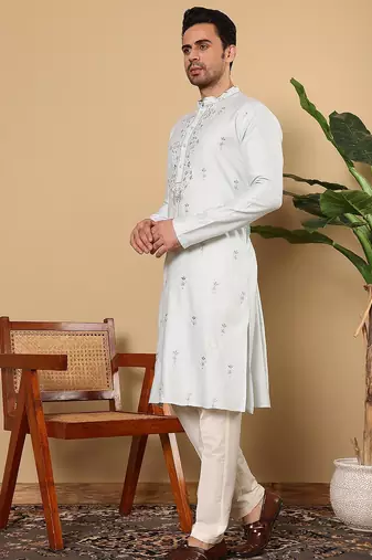 Beige viscose embroidered full sleeve kurta pyjama for mens