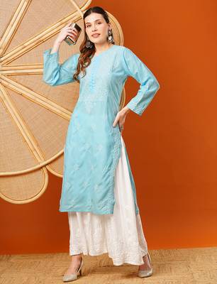hand embroidered sky blue cotton lucknowi chikankari straight kurta 1