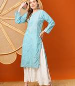 hand embroidered sky blue cotton lucknowi chikankari straight kurta