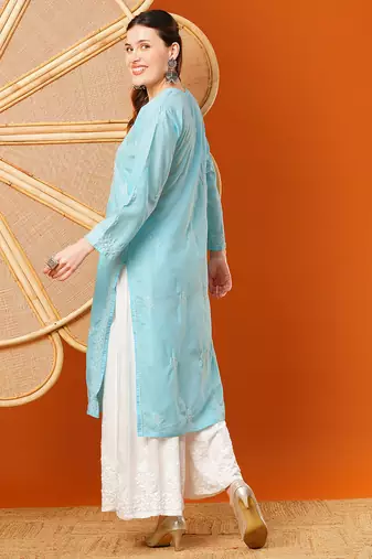 hand embroidered sky blue cotton lucknowi chikankari straight kurta