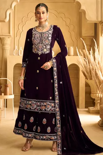 Purple color beautiful wedding wear velvet fabric semi stitched palazzo dress