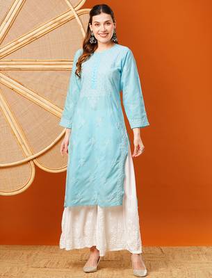 hand embroidered sky blue cotton lucknowi chikankari straight kurta 3