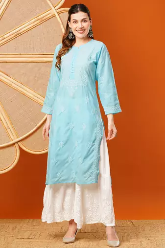 hand embroidered sky blue cotton lucknowi chikankari straight kurta