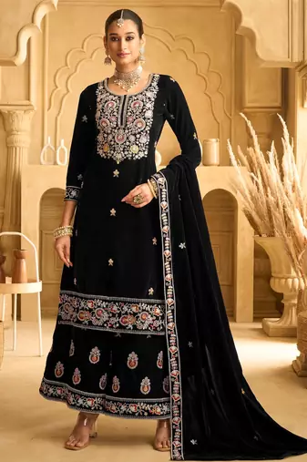 Black color beautiful wedding wear velvet fabric semi stitched palazzo dress