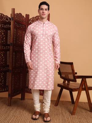 Beautiful pink color smart printed men's festive wear kurta 1