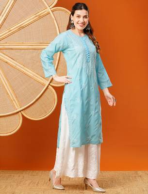 hand embroidered sky blue cotton lucknowi chikankari straight kurta 4