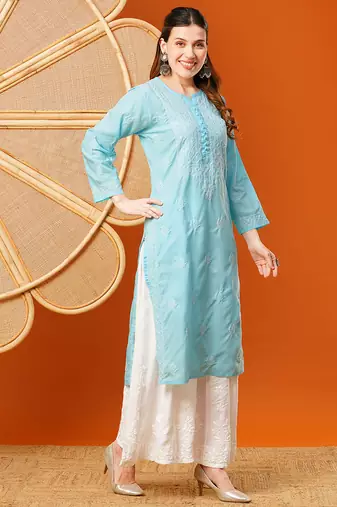 hand embroidered sky blue cotton lucknowi chikankari straight kurta