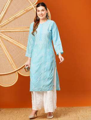 hand embroidered sky blue cotton lucknowi chikankari straight kurta 5