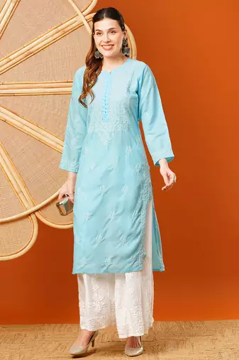 hand embroidered sky blue cotton lucknowi chikankari straight kurta
