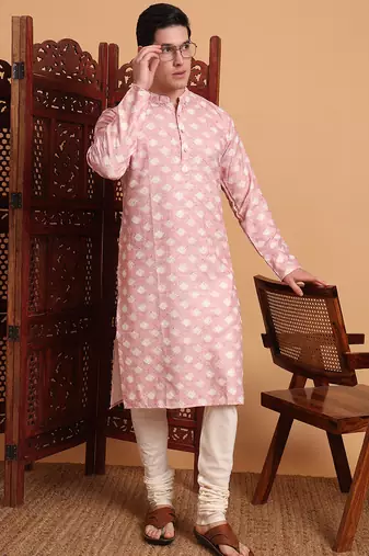 Beautiful pink color smart printed men's festive wear kurta