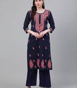 hand embroidered navy blue cotton lucknowi chikankari straight kurta