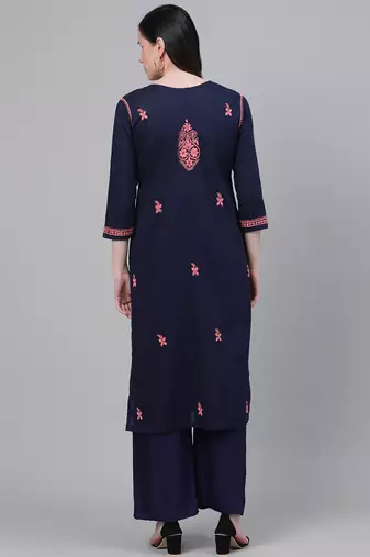 hand embroidered navy blue cotton lucknowi chikankari straight kurta