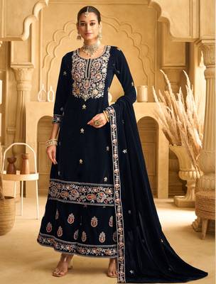 Blue color beautiful wedding wear velvet fabric semi stitched palazzo dress 1