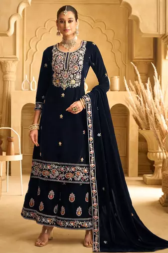 Blue color beautiful wedding wear velvet fabric semi stitched palazzo dress
