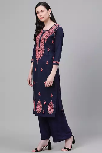 hand embroidered navy blue cotton lucknowi chikankari straight kurta