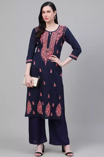 hand embroidered navy blue cotton lucknowi chikankari straight kurta