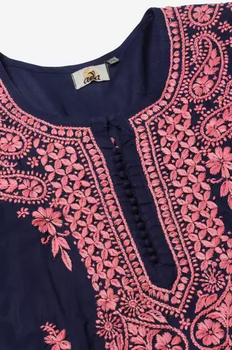 hand embroidered navy blue cotton lucknowi chikankari straight kurta