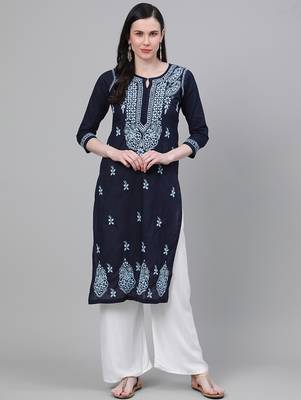 hand embroidered navy blue cotton lucknowi chikankari kurta 1
