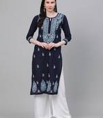 hand embroidered navy blue cotton lucknowi chikankari kurta