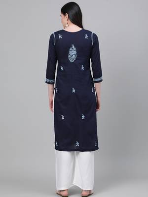 hand embroidered navy blue cotton lucknowi chikankari kurta 2