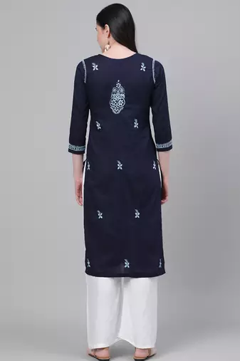 hand embroidered navy blue cotton lucknowi chikankari kurta