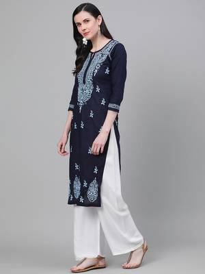 hand embroidered navy blue cotton lucknowi chikankari kurta 3