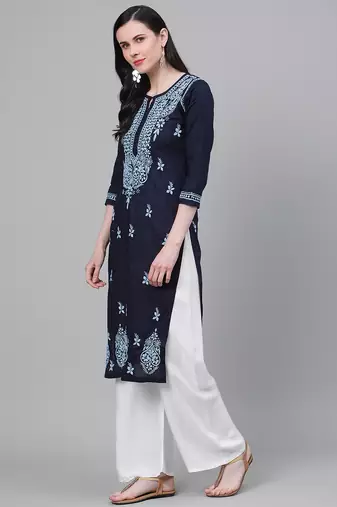 hand embroidered navy blue cotton lucknowi chikankari kurta