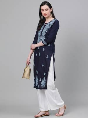 hand embroidered navy blue cotton lucknowi chikankari kurta 4
