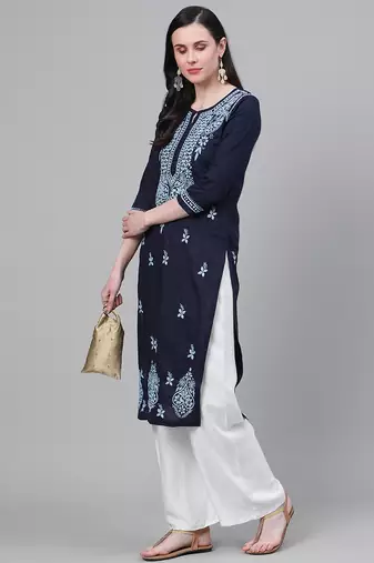 hand embroidered navy blue cotton lucknowi chikankari kurta