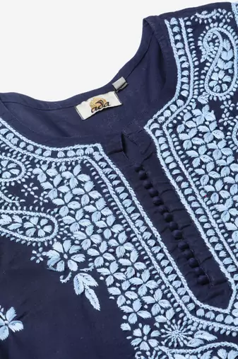 hand embroidered navy blue cotton lucknowi chikankari kurta