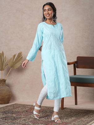 hand embroidered blue cotton lucknowi chikankari straight kurta 1
