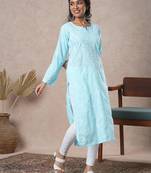 hand embroidered blue cotton lucknowi chikankari straight kurta