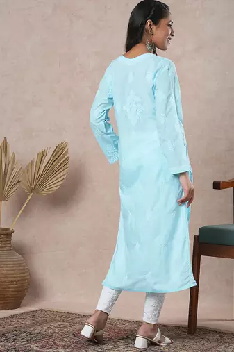 hand embroidered blue cotton lucknowi chikankari straight kurta
