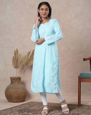 hand embroidered blue cotton lucknowi chikankari straight kurta 3