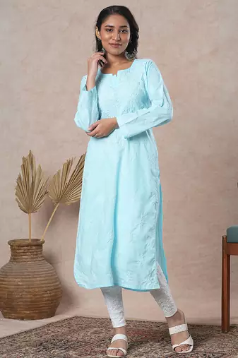 hand embroidered blue cotton lucknowi chikankari straight kurta