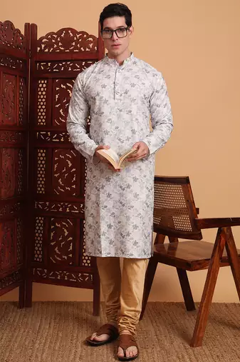 Beautiful grey color smart printed men's festive wear kurta