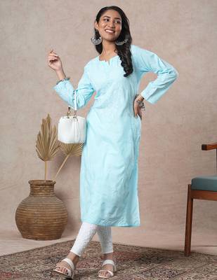 hand embroidered blue cotton lucknowi chikankari straight kurta 4