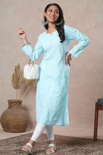 hand embroidered blue cotton lucknowi chikankari straight kurta
