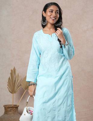 hand embroidered blue cotton lucknowi chikankari straight kurta 5