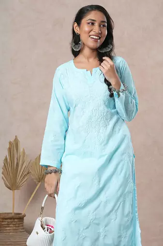 hand embroidered blue cotton lucknowi chikankari straight kurta