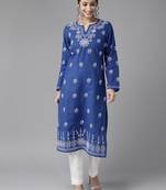 hand embroidered navy blue cotton lucknowi chikankari straight kurta