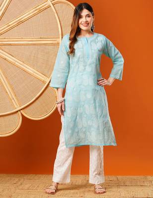 hand embroidered blue cotton lucknowi chikankari straight kurta 1