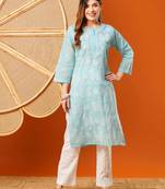 hand embroidered blue cotton lucknowi chikankari straight kurta